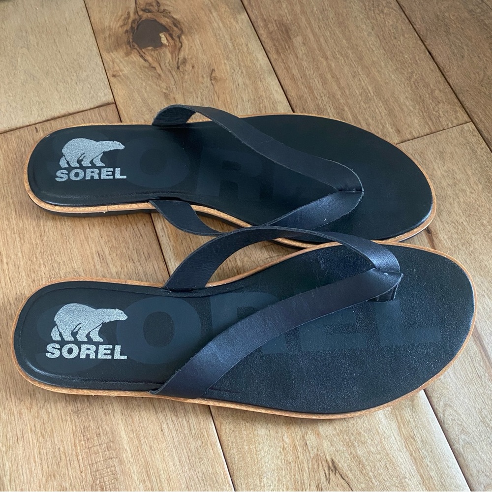 Sorel Womens black leather flip flip sandals 9.5